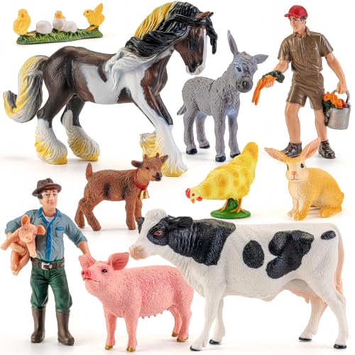Large Farm Animal Figurines Toys Educational Playset for Kids 3+ | Solid, Realistic, Safe, Livestock Playset Suit for Big Red Barn Farm, Animals Play Figures, Learning Toys, Xmas Gifts - style: Farm Animal+Farmer