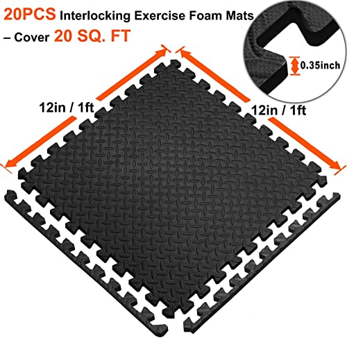 Walsai Exercise Mats Puzzle Foam Mats Gym Flooring Mat Cover 20 SQ.FT Interlocking Foam Mats with EVA Foam Floor Tiles for Home Gym Equipment Workouts (20pcs Black Exercise Mats)