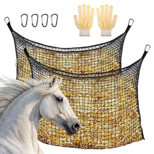 2 PCS Slow Feed Hay Net for Horses, Large Capacity Hay Bags with 4 Carabiner Clips and Gloves, Heavy Duty Slow Feeder for Horse Goat Sheep, Full Day Feeding for Stall Trailer, Black, 35 x 31 Inch