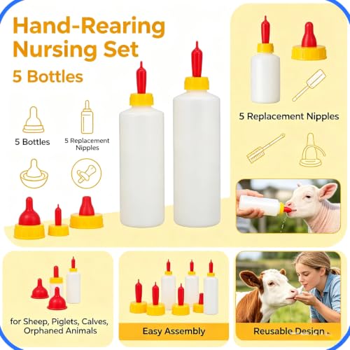 5Pack 400ML Goat and Lamb Feeding Bottles with Silicone Nippl | Small Livestock Milk Feeder Kit for Sheep,Piglets,Calves,Orphaned Animals,Hand-Rearing Nursing Set with 5 Replacement Nipples