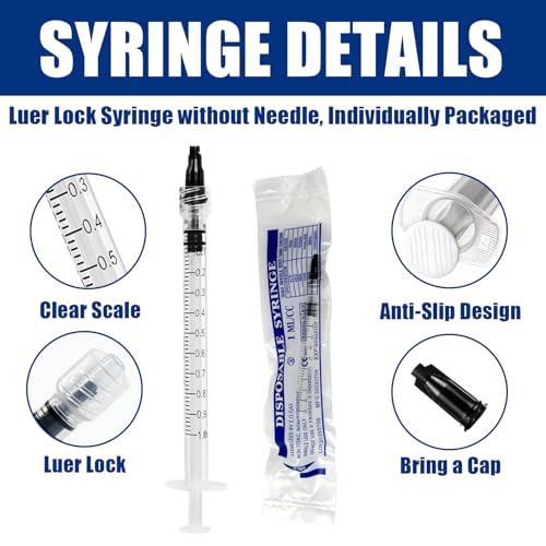 60 Pack 1ml Luer Lock Syringe without Needle Individually Sterile Sealed | 1cc Plastic Syringes For Colostrum Collection, Oral, Pet Feeding, Glue, Oils - size: 1ML