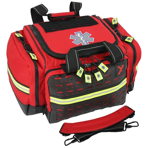 Lightning X LXMB35 EMT Trauma Bag – Large ALS Medical Bag with 6 Color-Coded Pouches, MOLLE Panel, Waterproof Bottom, Reflective EMS Gear for First Responders - color: Red