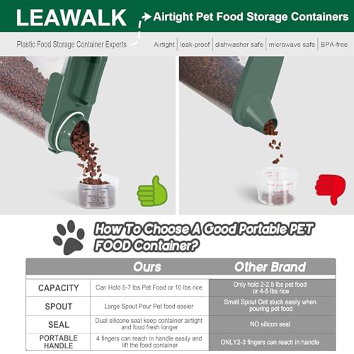 LEAWALK 5-7Lbs Cat Dog Storage Container, Portable Pet Food Containers with Upgraded Large Spout and Cup, Small Animal Kibble Dispenser for Bird Seed, Oatmeal, Rice, Flour, Brown Sugart-Dark Green - color: Dark Green, size: 5L-1pack