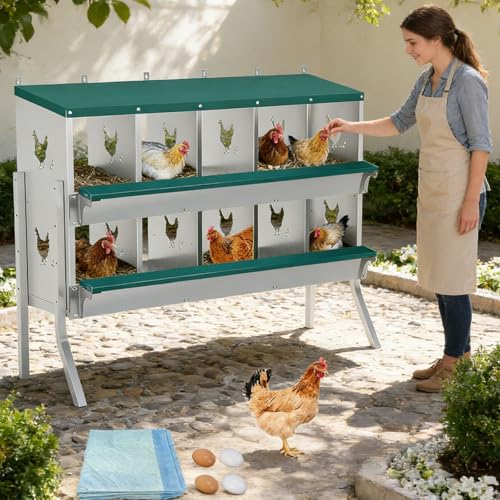 Garvee Large Metal Chicken Nesting Boxes for Hens, 10 Compartment Galvanized Steel Nesting Box with Legs, Includes 4 Fake Eggs & 10 Soft Nest Pads, Wall Mount or Freestanding for Coop & Farm - style: 10 Holes w/ Legs