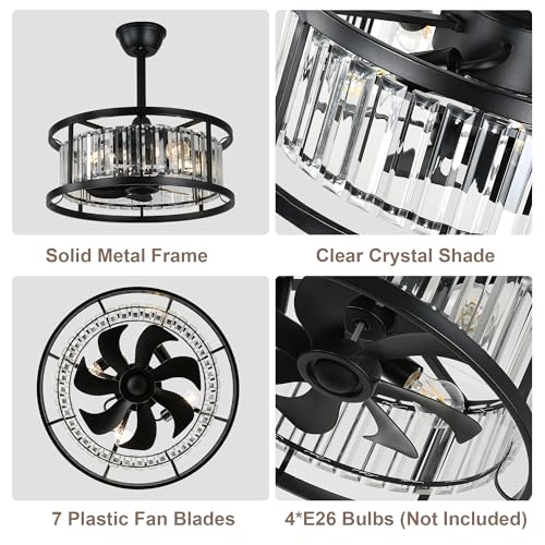 20" Crystal Ceiling Fan with Lights Caged Fandelier Ceiling Fan | Modern Crystal Chandelier Light for Bedroom Nursery Living Room, Remote Control Reversible 6 Speed 4 E26 Bulbs (Not Included) - color: Crystal Cage