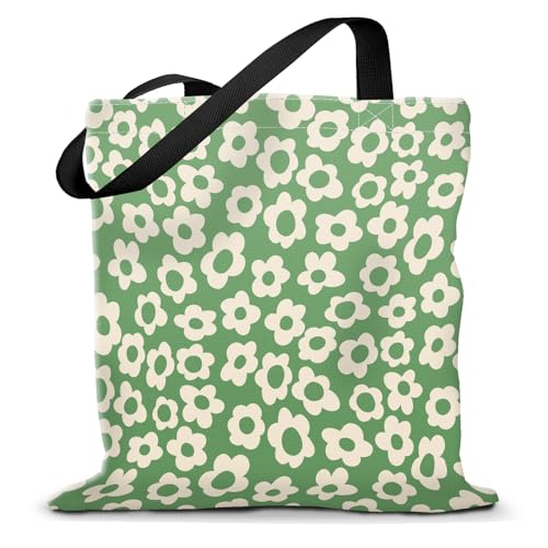 Canvas Tote Bag for Women，Cute Heavy-Duty Shoulder Bag with Zipper Pocket -Travel Tote for Grocery, Gym,Shopping - color: Green Groovy Flower
