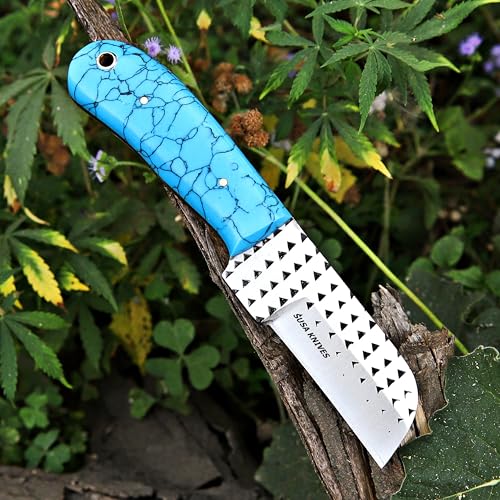 Custom Handmade 7'' fixed blade hoof rasp knife/Cow boy knife/Bull cutter Cowboy knives with pancake leather sheath (BLUE Turquoise) - color: BLUE Turquoise