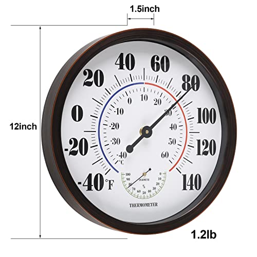 Indoor Outdoor Thermometer Wall Large Numbers Thermometer No Battery 12" Hanging Digital Weather Hygrometers for Home Garden Outside Patio Decor (Brown) - color: Brown, size: 12"
