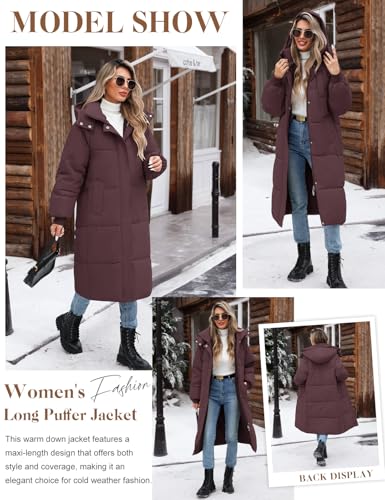 Women Long Puffer Coat Winter Warm Hooded Jacket Long Sleeve Parka Full Length Down Coats With Zip - color: Deep Purple, size: Small