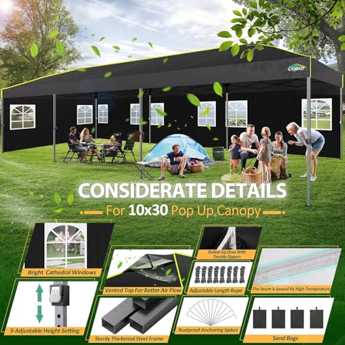 COBIZI 10x30 Pop Up Canopy with Sidewalls, One Push Easy Setup, Black | Canopy UPF 50+ Waterproof Gazebo Party Tents for Parties, Backyard, Commercial Event - color: Black(1-year warranty), size: 10x30 with Sidewalls