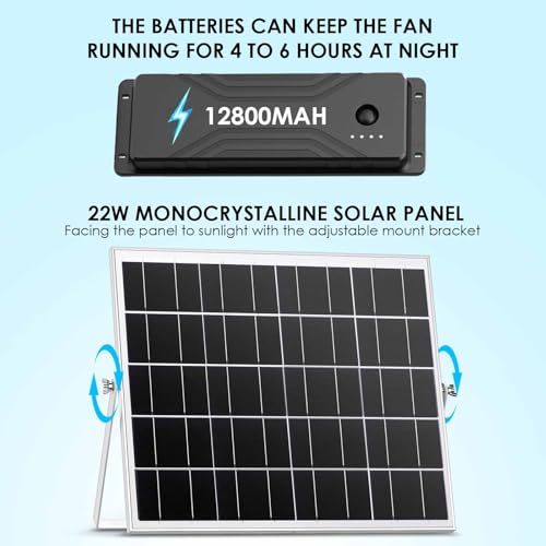 7 Inch Large Airflow Solar Fan with Battery Backup, 12800mAh Batteries IPX7 Waterproof 16.5 Ft On/Off Switch Cable Solar Powered Exhaust Vent Fan for Outside Greenhouse Chicken Coop Shed Trailer - size: 7" Fan Large Kit
