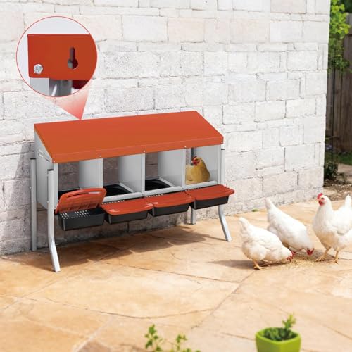 Galvanized Steel Chicken Nesting Box 4 Compartment with Pull Out Tray, Roll Away Nest Boxes for Laying Hens Egg Collection, Wall Mount Poultry Nest Box for Coop with Handle, Orange, with Legs - color: Orange, size: 4 Compartments with Support Legs