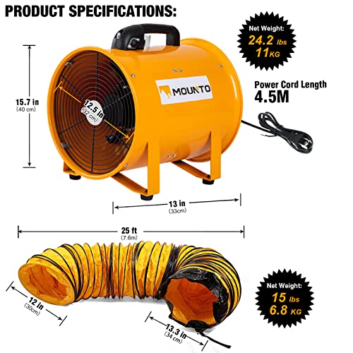 MOUNTO 12-Inch Heavy Duty Cylinder Axial Fan with 25-Foot Vinyl Hose | High-Performance Portable Blower/Exhaust Fan | 2900 CFM Directional Airflow for Crawl Spaces, Attics, Basements - size: 12inch