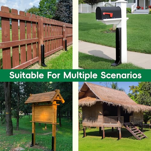4 Pack Strong Fence Post Repair Kits with One-Piece Steel Anchor & Stakes | Easy to Install - Quick Fix Broken/Leaning Wood Posts Support, Heavy Duty Double-Layer Thickened Fence Post Anchors - color: Black