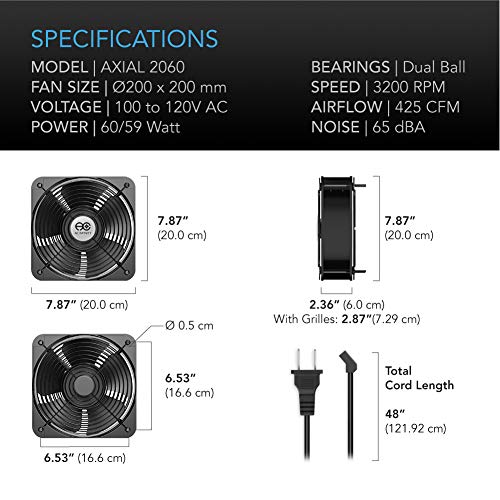 AC Infinity AXIAL 2060, Quiet Muffin Fan, 120V AC 200x200x60mm High Speed | High Speed, for DIY Cooling Ventilation Exhaust Projects - size: Single 200 x 200 x 60 mm, High Speed