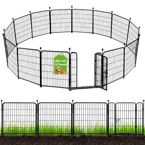 ADAVIN Tall Garden Fence 48 in(H) 12 Panels Total 26.6 FT(L), Heavy Duty Iron Metal Fence and Border, Flower Bed Fencing, outdoor Animal Barrier Fences, Dog Fences with gate for the Yard Camping,Black - size: 12panels-48in(H)×26.6ft(L)