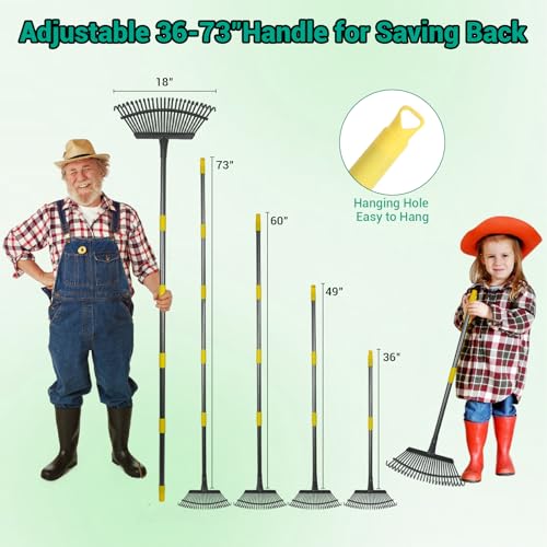 Adjustable Garden Rake for Leaves 36-73" Long Handle, 18" Wide, Heavy Duty with 25 Metal Tines ，Includes 32Gallon Leaf Bags，Designed for Lawns, Grass, Shrubs ，Flower Beds