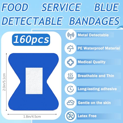 160Pcs Blue Metal Detectable Waterproof Adhesive Bandages 1.75" X 2" Butterfly Shape Food Service Blue Bandages with Quilt-Aid Pad for Catering First Aid and Wound Care Supplies