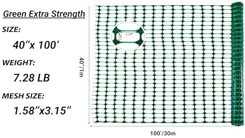 PotatoLife Green Plastic Garden Fence, Extra Strength, 40''x100' | Temporary HDPE Fence for Construction, Landscape, Snow, Animal & Pet Barrier, Easy to Install, Cut to Size, with 50 Zip Ties - color: Green, size: 40'' x 100'
