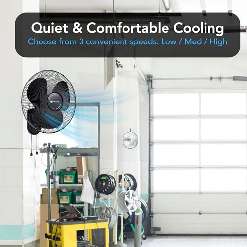 Comfort Zone 16-Inch Oscillating Wall Mount Fan – Quiet 3-Speed Indoor Fan with 60° Adjustable Tilt, Pull-Chain Control & Durable Metal Grille – Space-Saving Cooling for Home, Office, & Greenhouse