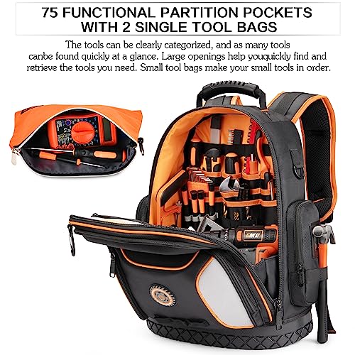Tool Bag Backpack with 2 Canvas Tool Pouch Tool Kit, 75 Pockets & Loops Heavy Duty Tools Organizer/HVAC Tool Carrier for Eelectrician/Construction Work with Molded Base and Combination Lock, Black - color: Black1