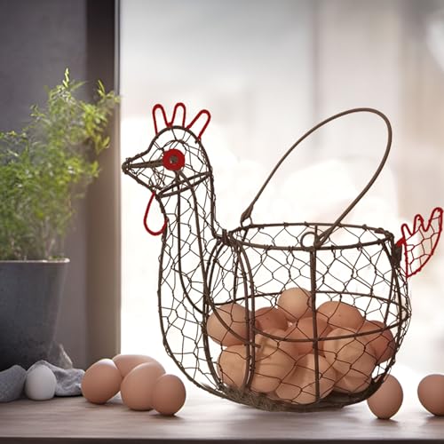 Chicken Egg Basket for Gatheirng Fresh Egg,Wire Egg basket | Rooster Shaped Egg Collection Basket,Metal Egg Collecting Basket with Handle, Farmhouse Countertop Decor Kitchen
