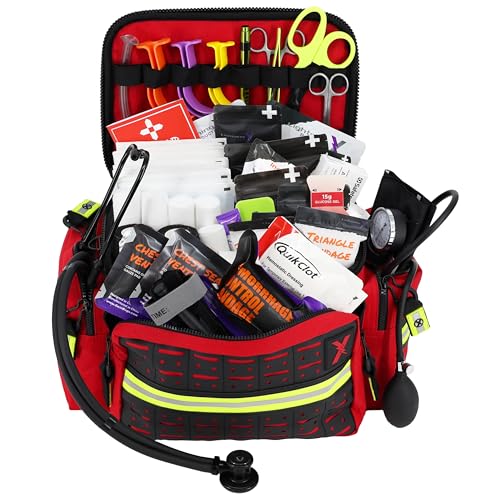 Lightning X Mid-Sized First Responder EMT Bag | LXMB25 | Fully Stocked w/ 248+ First Aid Supplies + Trauma Pak w/C.A.T. Tourniquet & QuikClot - RED - color: Red