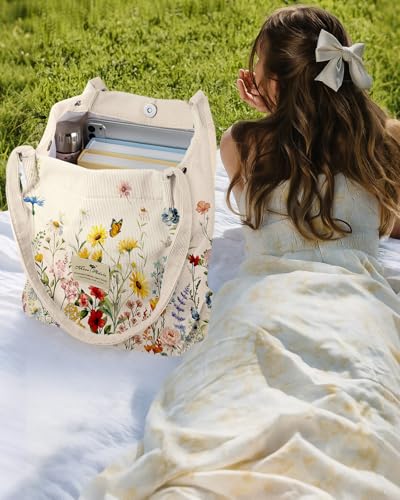 Miss Adola Corduroy Tote Bag for Women with Aesthetic Design | Magnetic Buckle & Pocket, Reusable, Soft, Roomy, Long Shoulder Handles, Double-sided Print, Casual Daily Work, Grocery Bags - color: New Vintage Flower, size: Large