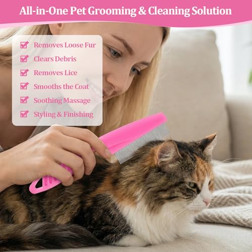 6 Pack Pet Grooming Combs, Stainless Steel Dog and Cat Grooming Combs with Rounded Teeth, Double-Sided Professional Pet Tear Stain Remover for Small, Medium, and Large Pets (Pink) - style: Pink
