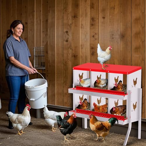 GarveeLife Nesting Boxes for Chickens, 6 Compartment Chicken Nesting Box with Metal Legs, Metal Chicken Laying Boxes with Perch, Secure Lid, Versatile Wall Mount or Free Standing for Hens, Red