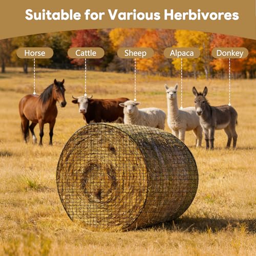 5×5 FT Round Bale Hay Net for Horses & Goats, Heavy Duty Knotless Slow Feed Hay Nets, 1.75" Mesh, Weather Resistant Round Bale Net with Repair Kit for Pasture and Barn - size: 5*5FT