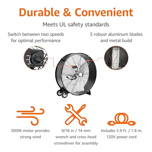 Amazon Basics 30" 300W High-Velocity Heavy-Duty Industrial Drum Fan for Cooling, Metal Housing, UL-Certified Safety Compliance, 2 Speeds, High CFM Up to 12,480, 5.9-ft Power Cord, 2 Wheels, Black - size: 30-inch