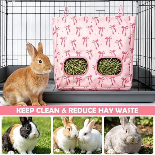 JarThenaAMCS 2Pcs Rabbit Hay Feeder Bag with 2 Holes Pink Bow Guinea Pig Hanging Hay Feeding Bag Large Storage Dispenser for Chinchilla Hamster Bunny Small Animal Pet - size: 13 x 11.4 inch