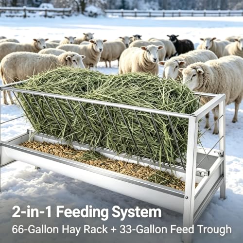Anti-Waste 99-Gallon Goat Hay Feeder, 2-in-1 Galvanized Steel Livestock Feeder with Hay Rack and Grain Trough, 59" Long for Goats Sheep Calves in Barn Pasture Farm