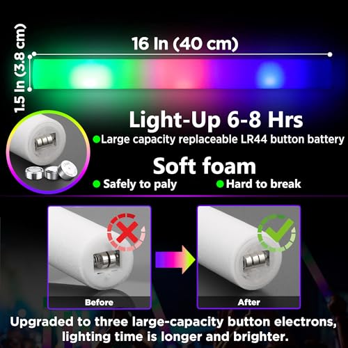 32 Pcs Foam Glow Sticks Bulk Party Pack, L16" Big Led Light Up Foam Sticks with 3 Flashing Effect, Glow in The Dark Party Supplies Favors for Wedding, Adults/Kids Birthday, Disco Dance Floor, DJ