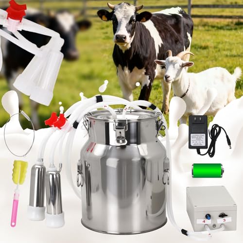 2-in-1 Goats and Cows Milking Machine Upgrade 3.7Gal/14L | Electric Adjustable Vacuum Pulsation Milker, 5200mAh Battery Built-in Rechargeable & Stainless Steel Bucket & 4 Cups (14L) - size: 14L