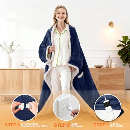 Wearable Heated Blanket With Sleeves & Foot Pocket, Heated Throw Blankets Fast Heating Blanket With 10 Heat Settings Auto Shut Off Over-Heat Protection-Warm Gift, Machine Washable, 52”*72”+18” - color: Navy