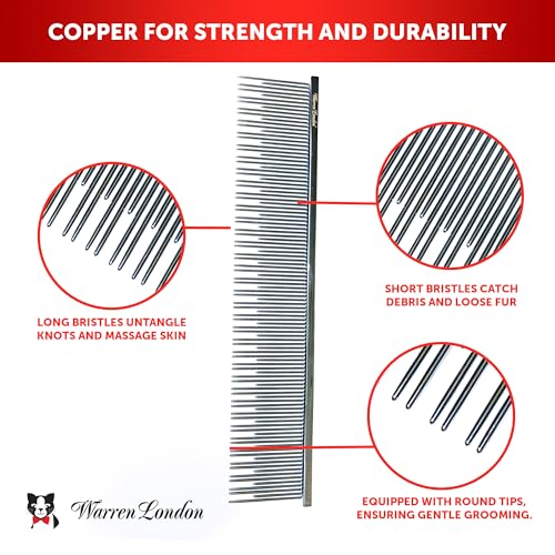 Warren London Carding Cat Comb | 7.5 inches made with Copper | Rounded Tips Prevent Irritation | Dual Tooth Design for Short & Long Hair removes Mats and Tangles - style: Carding Cat Comb