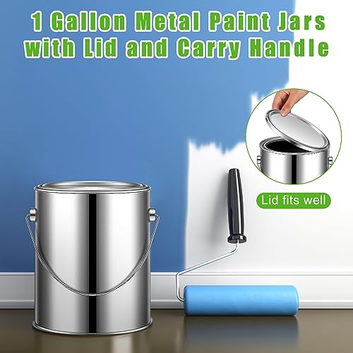 Uiifan 4 Pcs 1 Gallon Metal Paint Cans with Lids Handles Empty,Silver | Heavy Duty Steel Construction, Leak-proof Sealed Lids, For Varnish Storage DIY Crafts, Sturdy Handle for Easy Transport
