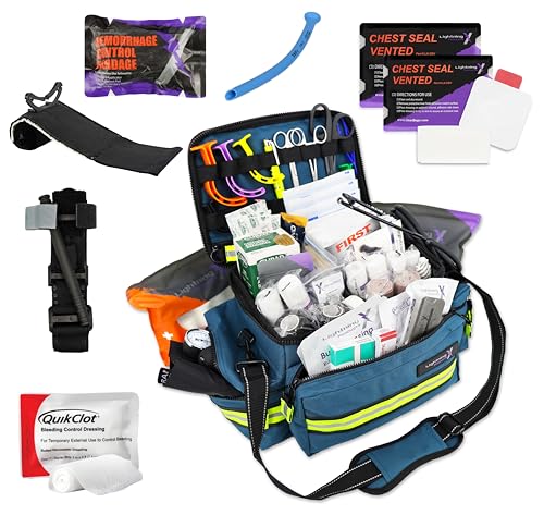 Lightning X Mid-Sized First Responder EMT Bag | LXMB25 | Fully Stocked w/ 248+ First Aid Supplies + Trauma Pak w/C.A.T. Tourniquet & QuikClot - Blue - color: Blue