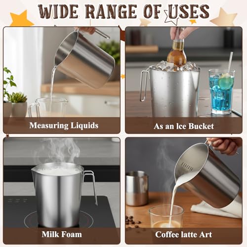 304 Stainless Steel Pitcher with Lid, 70 oz / 2L Measuring Cup | Large Mouth Graduated Beakers with Marking and Handle, Metal Milk Frothing Jug for Espresso Machine, Hot & Cold Water