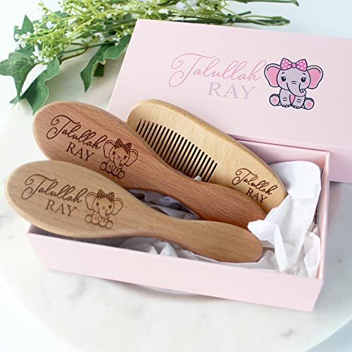 Baby Hair Brush | Personalized Baby Gifts | Brush | Wooden Brush Set | Perfect For Cradle Cap | Natural Goat Hair | 3 Piece Set | Elephant Design