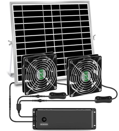 Solar Powered Fan with Battery, Rechargeable Solar Fan for Chicken Coop, Greenhouse, Shed, Outside with Two IPX7 Waterproof Exhaust Intake Fans 16.5Ft On/Off Switch Cable - size: Medium 5"-BAT