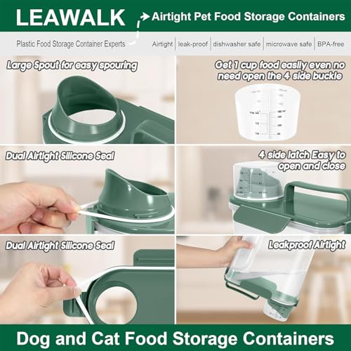 LEAWALK 5-7Lbs Cat Dog Storage Container, Portable Pet Food Containers with Upgraded Large Spout and Cup, Small Animal Kibble Dispenser for Bird Seed, Oatmeal, Rice, Flour, Brown Sugart-Dark Green - color: Dark Green, size: 5L-1pack