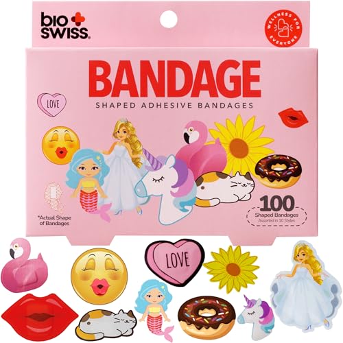 BioSwiss Bandages, Assorted Animal, Fun and Food Shaped Self Adhesive Bandage, Latex Free, Sterile Wound Care, 100 Count - size: 100-Count Box, style: Girls Assorted