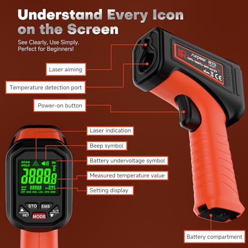 Infrared Thermometer Temperature Gun, 3272°F, 50:1 | Laser Temp Pyrometer, High Temp for Engine, HVAC, Industrial & Home Repair Inspection - color: -58°F to 3272°F