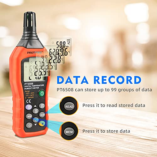 Protmex Digital Temperature Humidity Meter, Thermometer Hygrometer with Ambient Dew Point and Wet Bulb Temperature Indoor and Outdoor, Data Logger with Min/Max Hold, LCD Backlight, PT6508