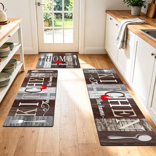 Kitchen Rugs Set 3 Piece, Non Slip Kitchen Mats for Floor, Soft Fabric with Rubber Backing, Farmhouse Anti Fatigue Runners Carpet for Home Kitchen Laundry Room Hallway Rustic Dark Brown & Grey - color: Rustic Dark Brown & Grey