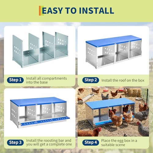 37.8" Metal Chicken Nesting Box, 3-Compartment Poultry Nest Box with Perch and Ventilation Holes, Blue Roof Hen Laying Box for Up to 3 Chickens - color: Blue A, size: 37.8"L x 15.8"W x 18.9"H