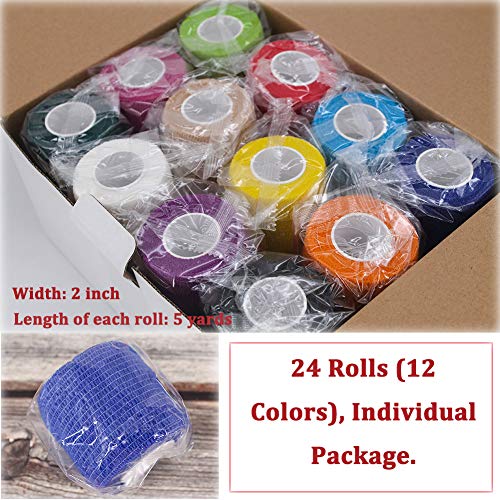 24 Pack Self Adhesive Bandage Wrap 2 Inch, Athletic Elastic Non Woven Cohesive Bandage for Sports, Wrist, Ankle Sprains, Swelling and Vet Wrap (Rainbow) - color: 2 Inch-24 Count Rainbow